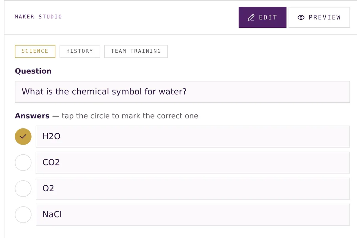 Aicai's public quiz builder showing an editable question and its answer choices
