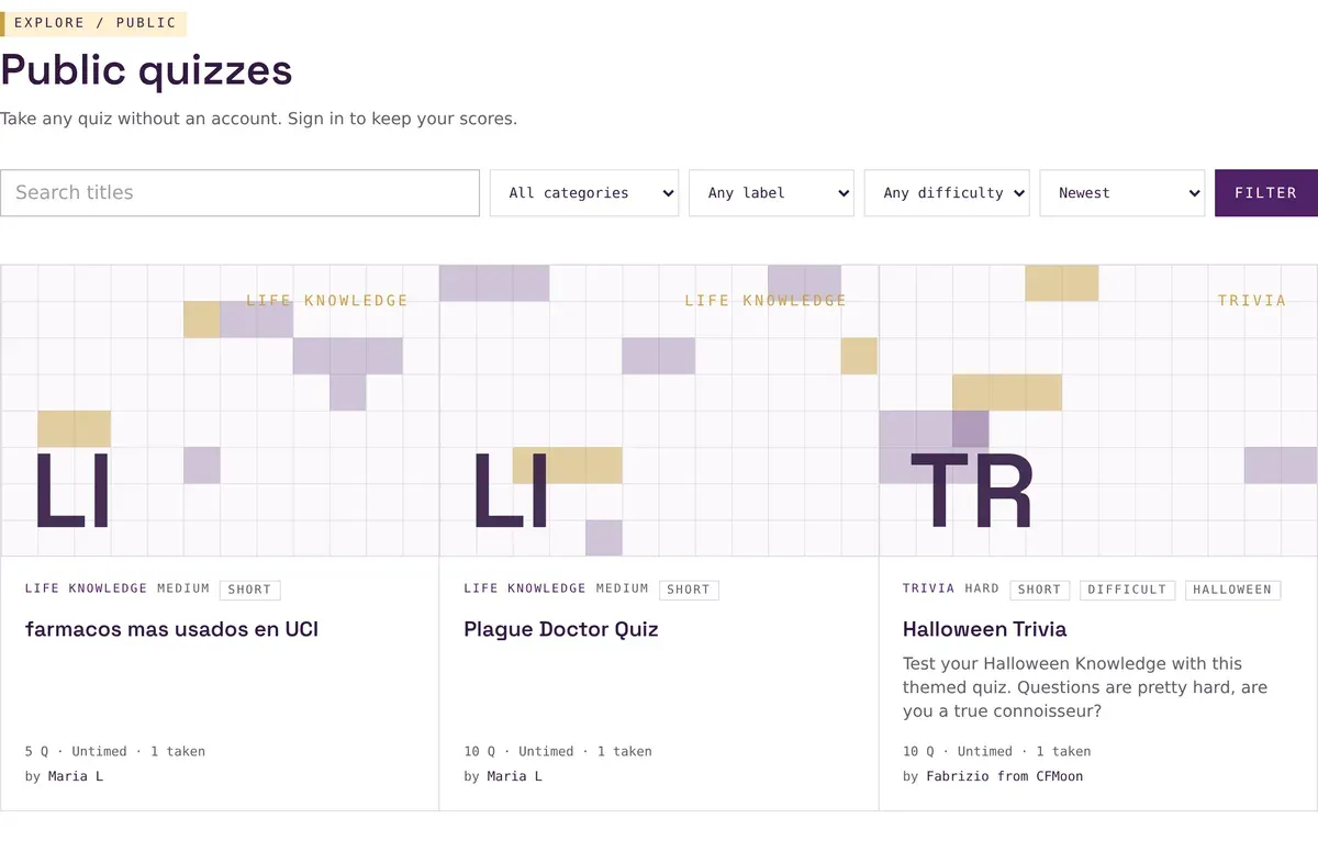 Aicai's public Explore quiz catalogue