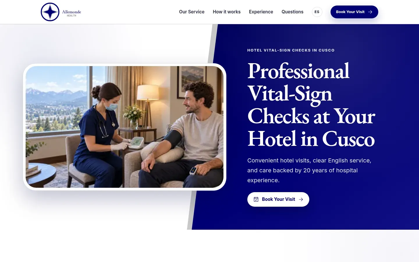 Allemonde Health website showing its hotel vital-sign check service